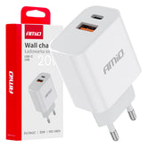 Fehér fali töltőlap USB-C és USB-A csatlakozóval, 20 W-os gyorstöltéshez