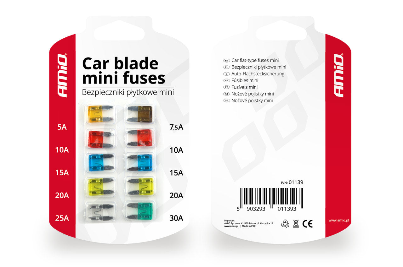 Mini autós biztosítékok, 10 darabos blisztercsomagban.