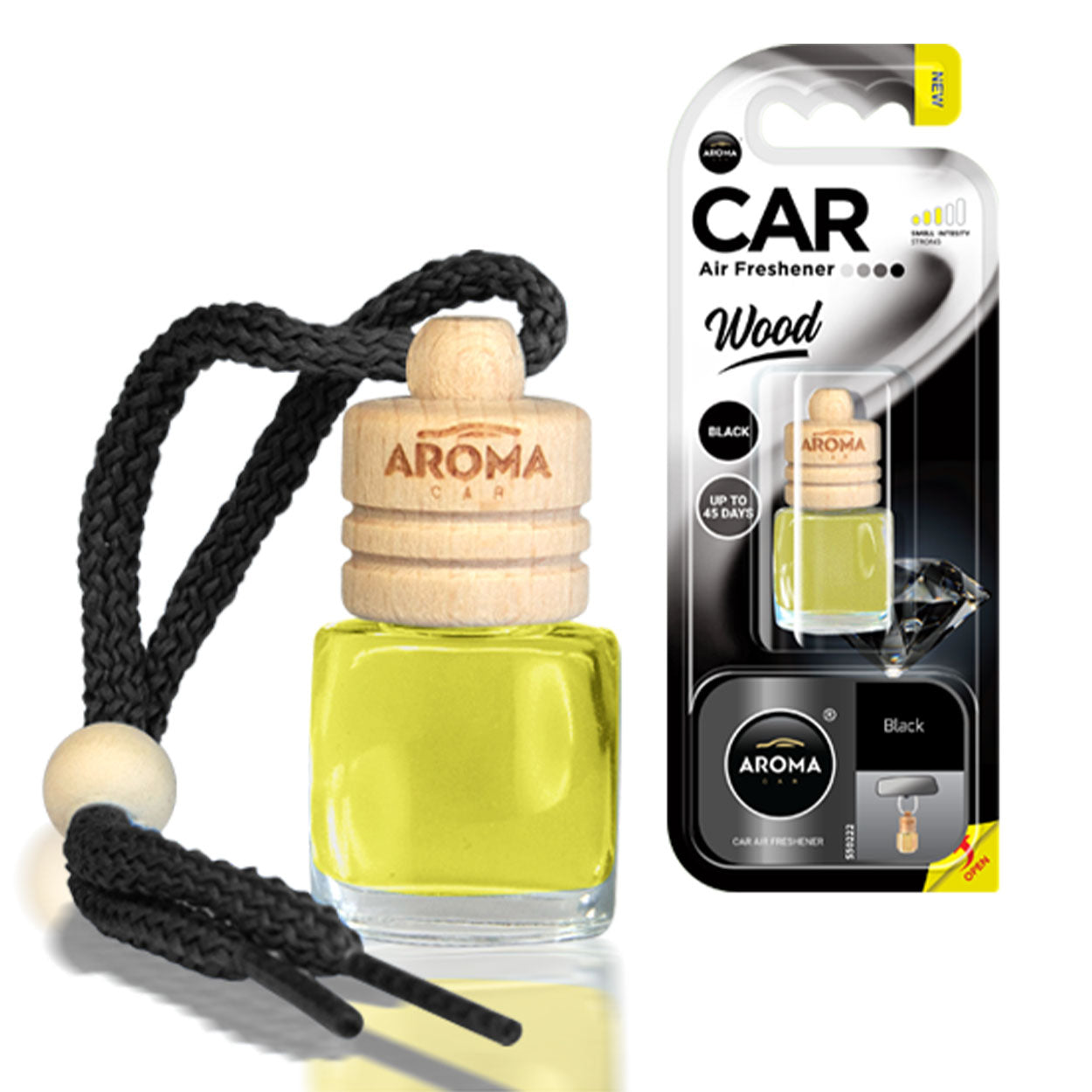 Aroma Wood Black autóillatosító üvegpalackkal és fa kupakkal
