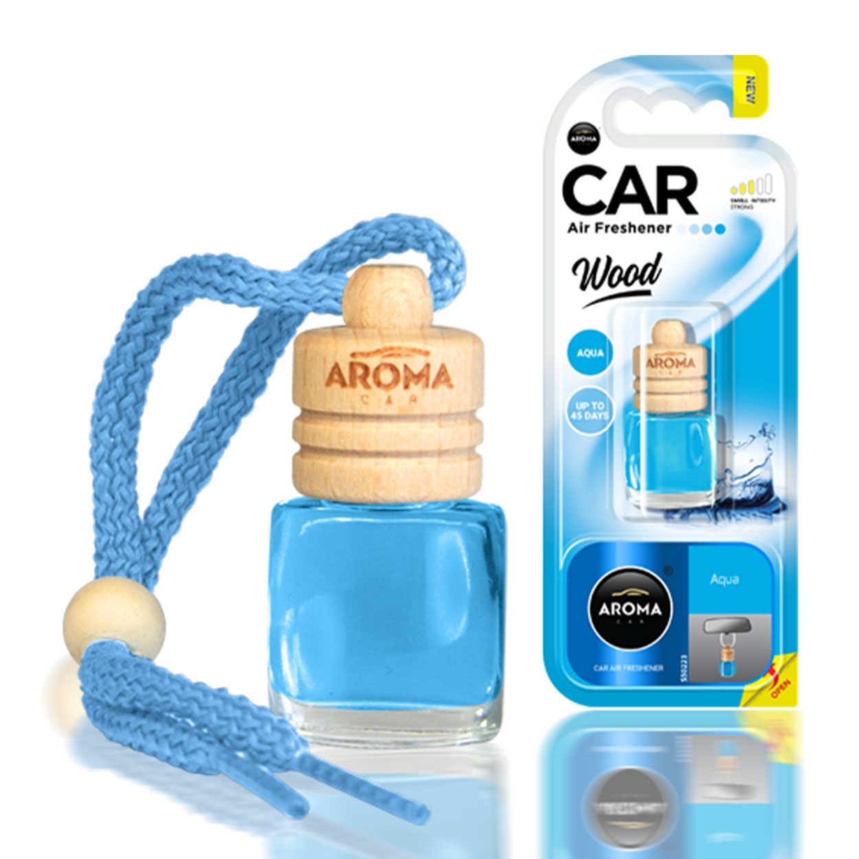 Aroma Wood Aqua autóillatosító fadugóval és üvegpalackkal