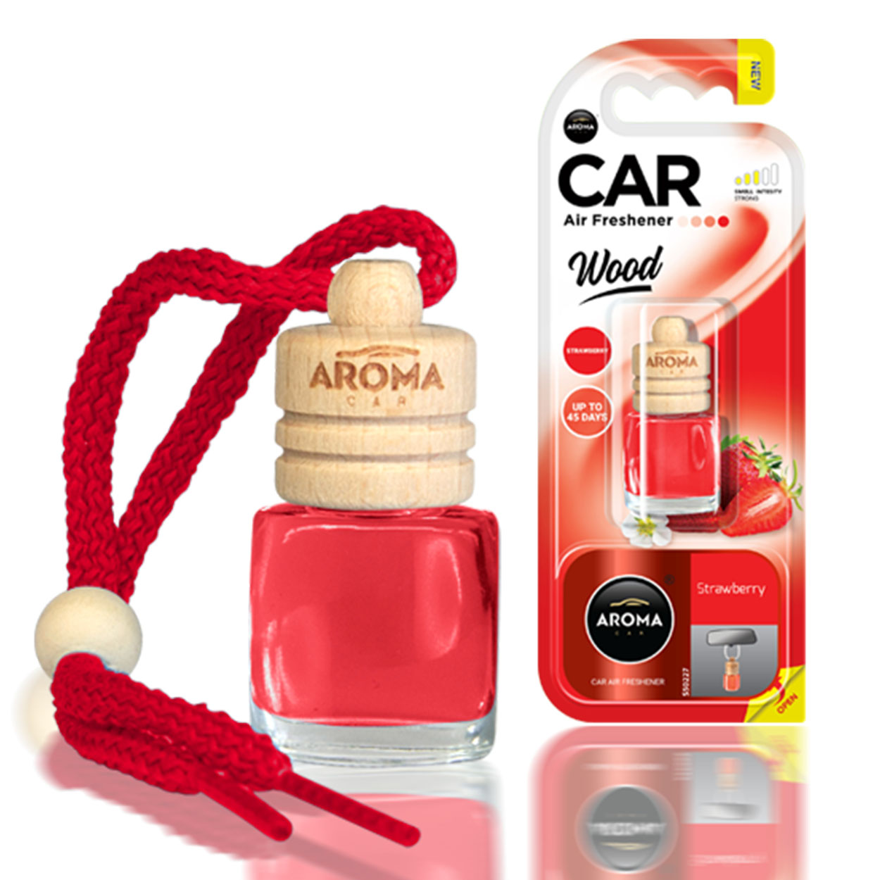 Aroma Wood Strawberry autóillatosító üvegpalackkal és fa kupakkal