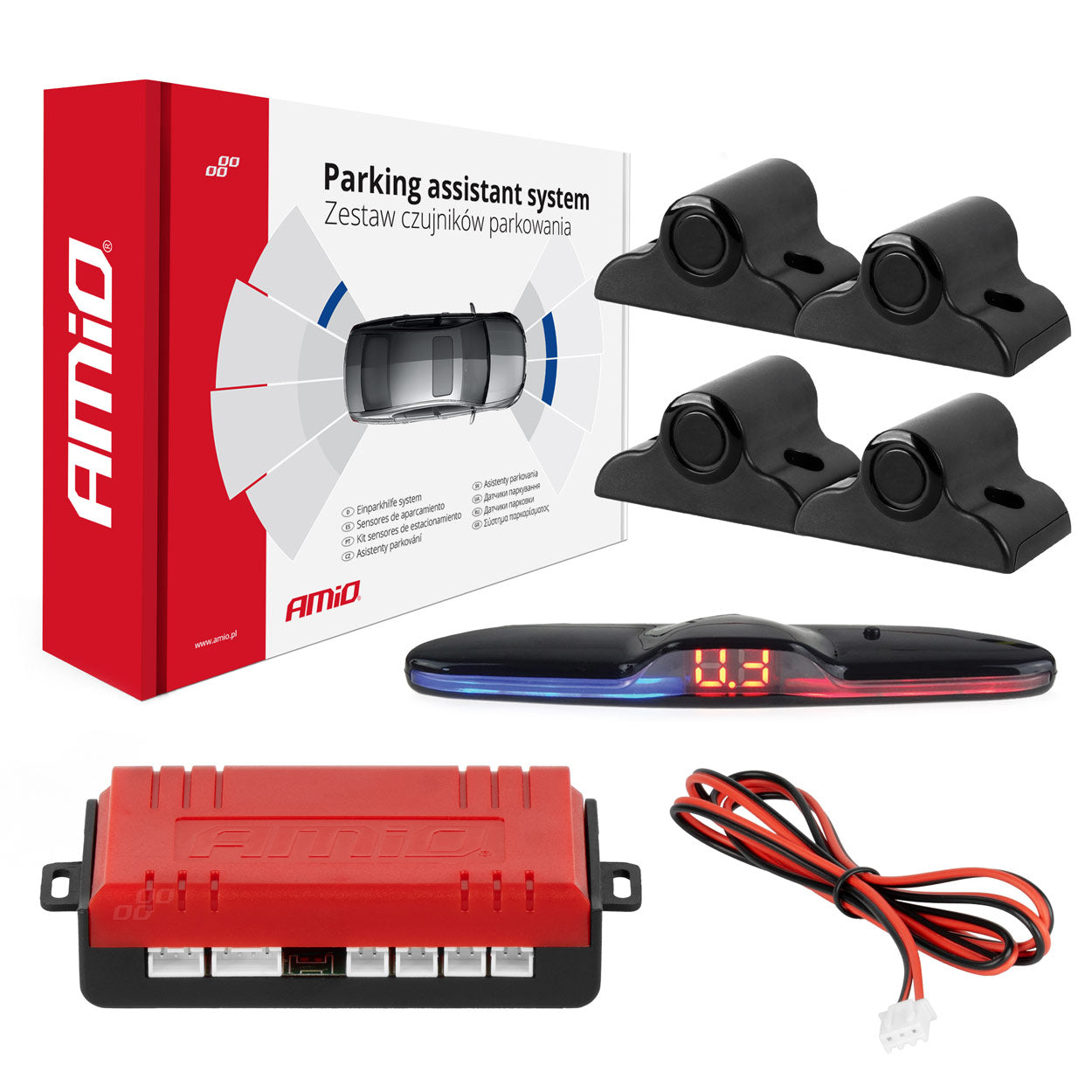Parkeringsassistent med MAX LED-display og fire sorte sensorer