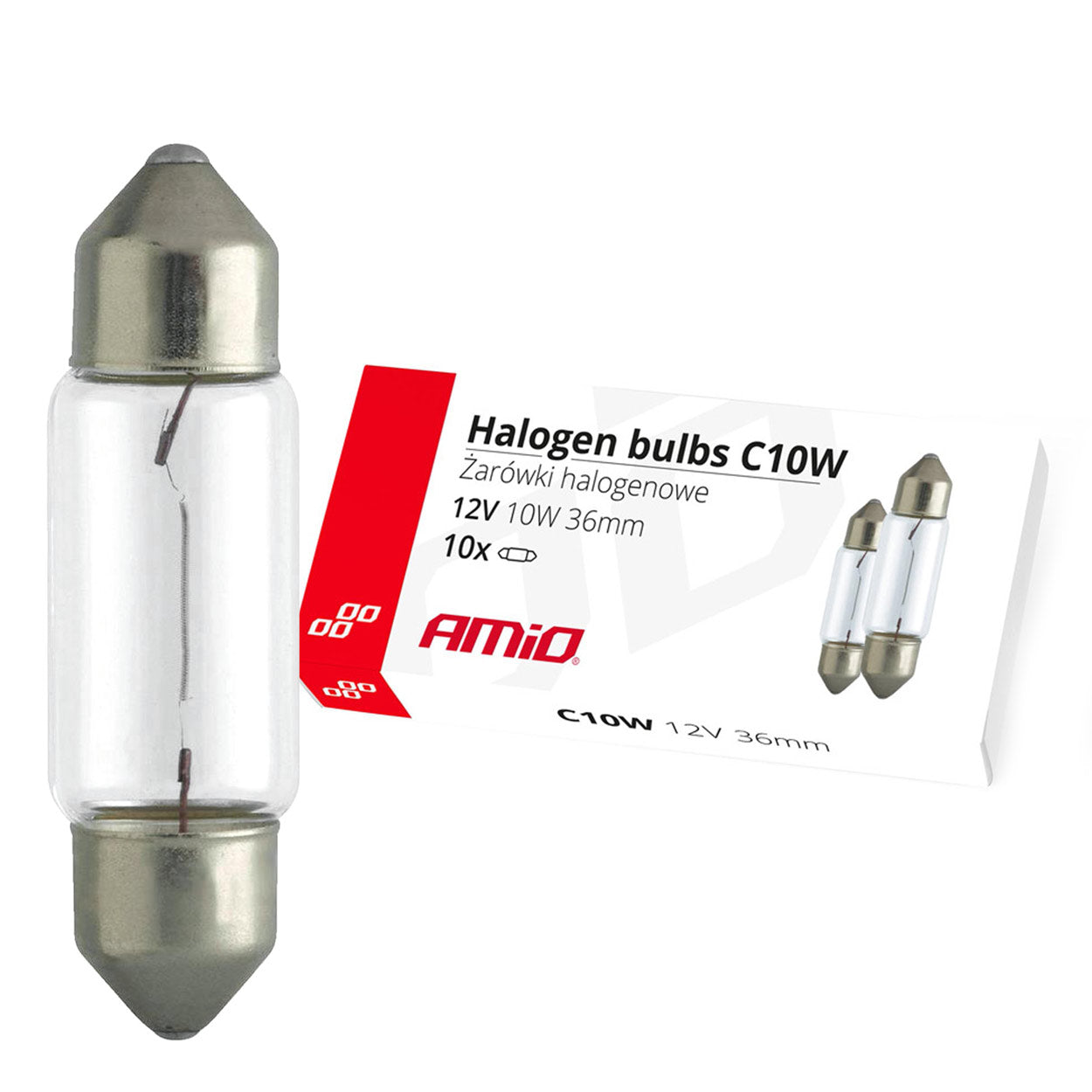 C10W 36 mm-es, 12 V-os és 10 W-os festoon halogén izzók, 10 db.