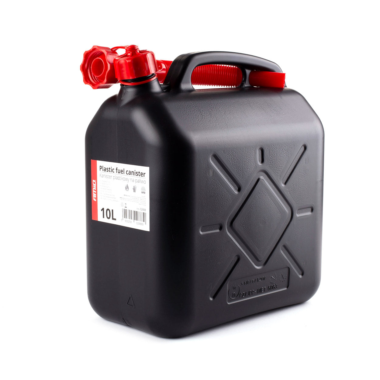 10 literes fekete üzemanyagkanna tölcsérrel