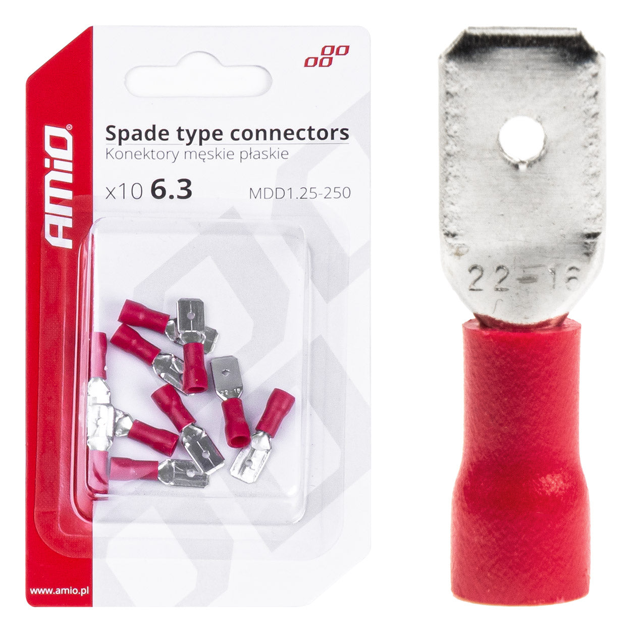 Røde isolerede han-fladstik med 6,3 mm bredde