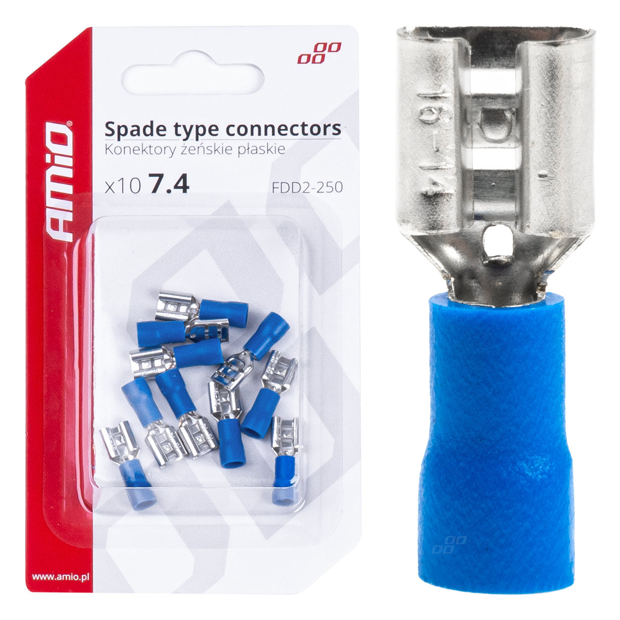 Blå isoleret hun-fladstik med 7,4 mm bredde