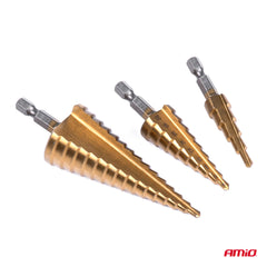 Tre koniske trinbor med 6 mm cylindrisk skaft