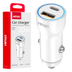 Hvid USB-billader med USB-A- og USB-C-port