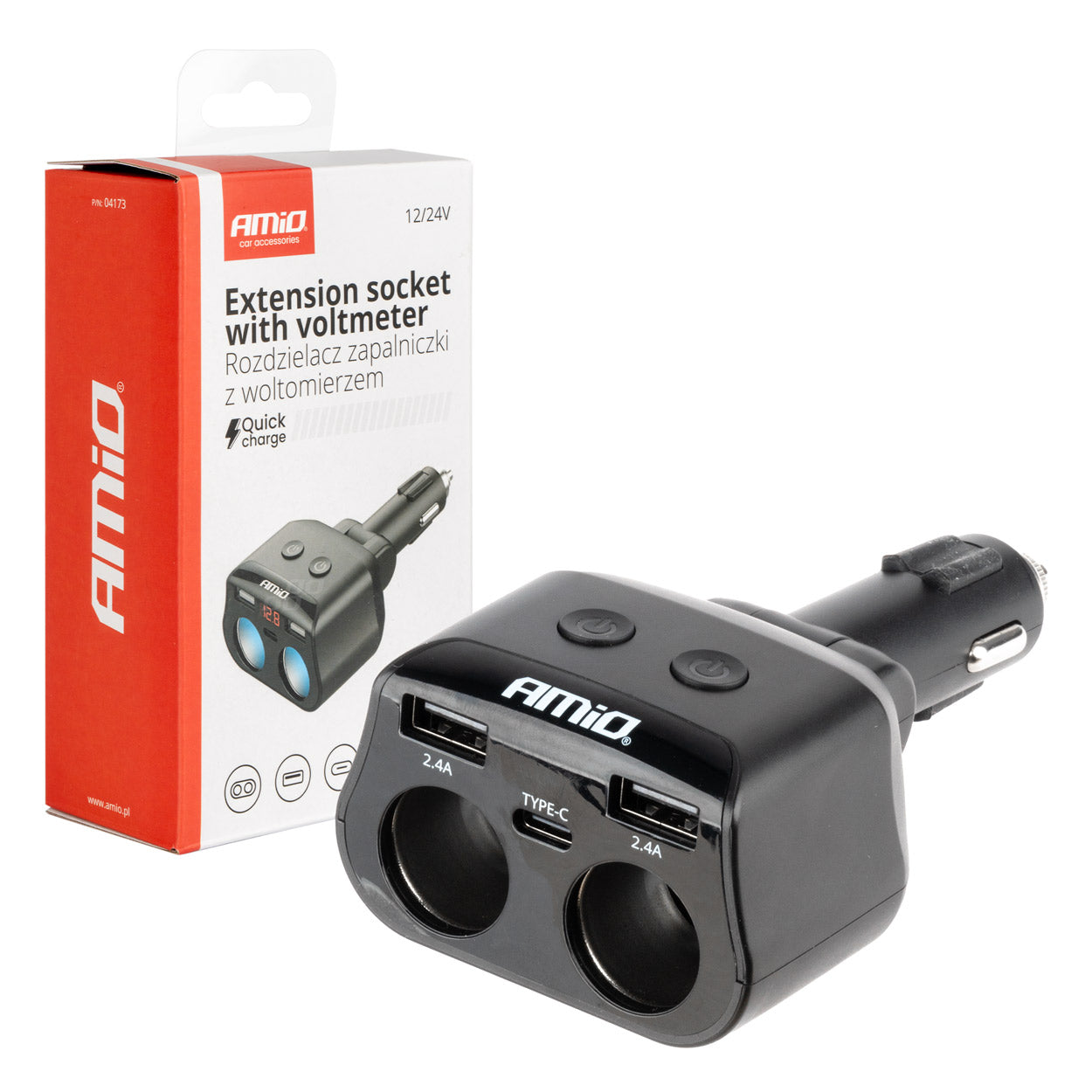 Dobbelt 12/24V stikdåse med USB, USB-C og voltmeter