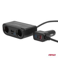 Forlængerstik til bil med 2 cigarettænderudtag og USB-porte