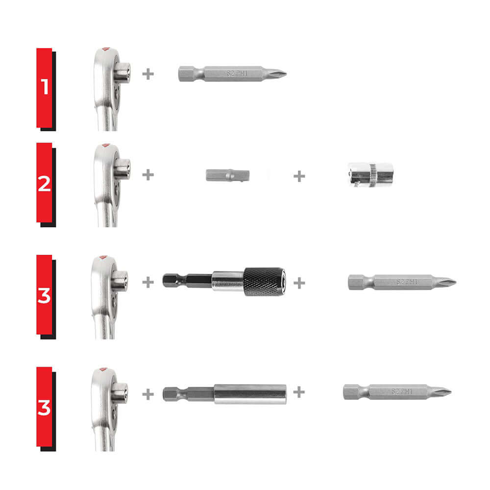 Illustration of components included in the 220-Dele Bit- og Topnøglesæt with various bits and attachments.