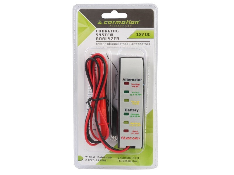 12 V-os akkumulátor- és generátortesztelő a CARMOTIONtól, LED-es visszajelzőkkel