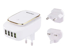 WAYME utazó hálózati töltő 4 USB-A porttal, LED-világítással és EU, UK, USA csatlakozóval