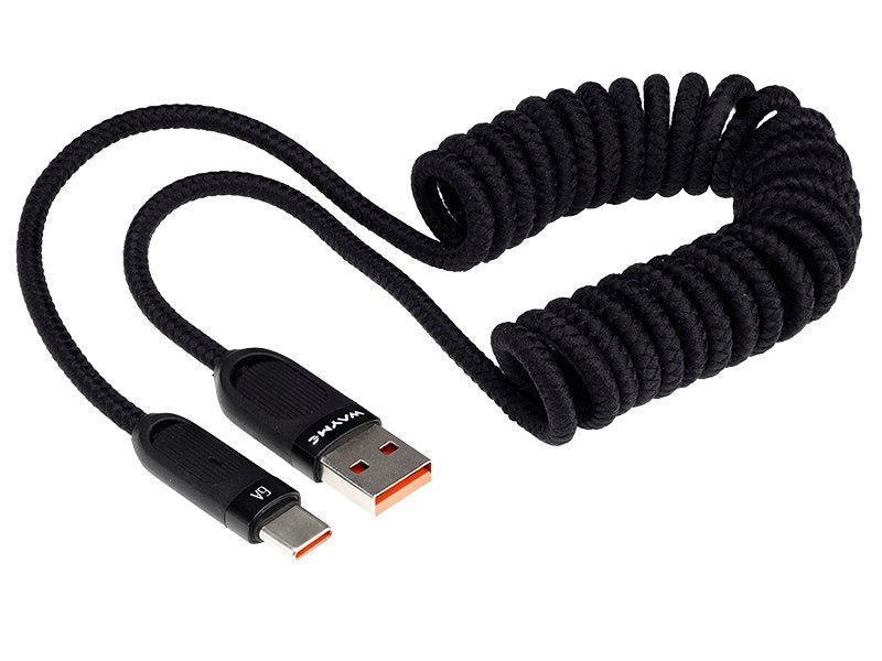 WAYME USB-C töltőkábel spirál kialakítással, fekete színben, 50–180 cm