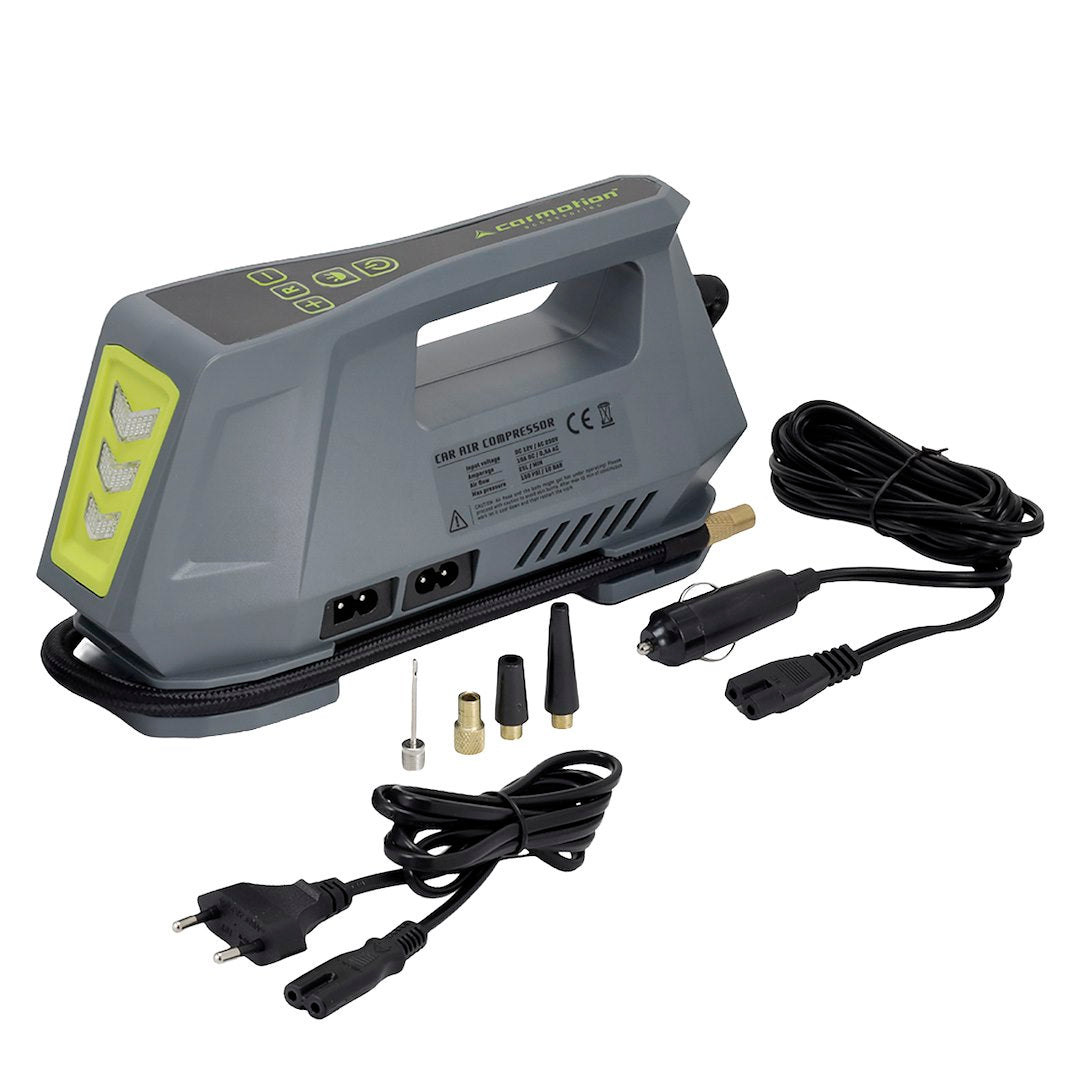 CARMOTION 12V és 230V-os légkompresszor digitális manométerrel és LED-világítással