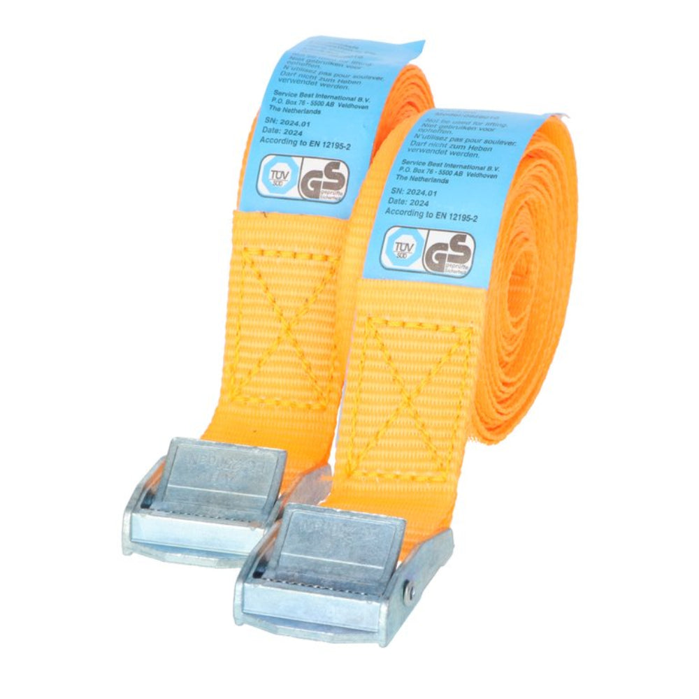 Carpoint-surringsstropper 2 x 4,5 meter, orange cargo straps with metal buckles for securing loads.