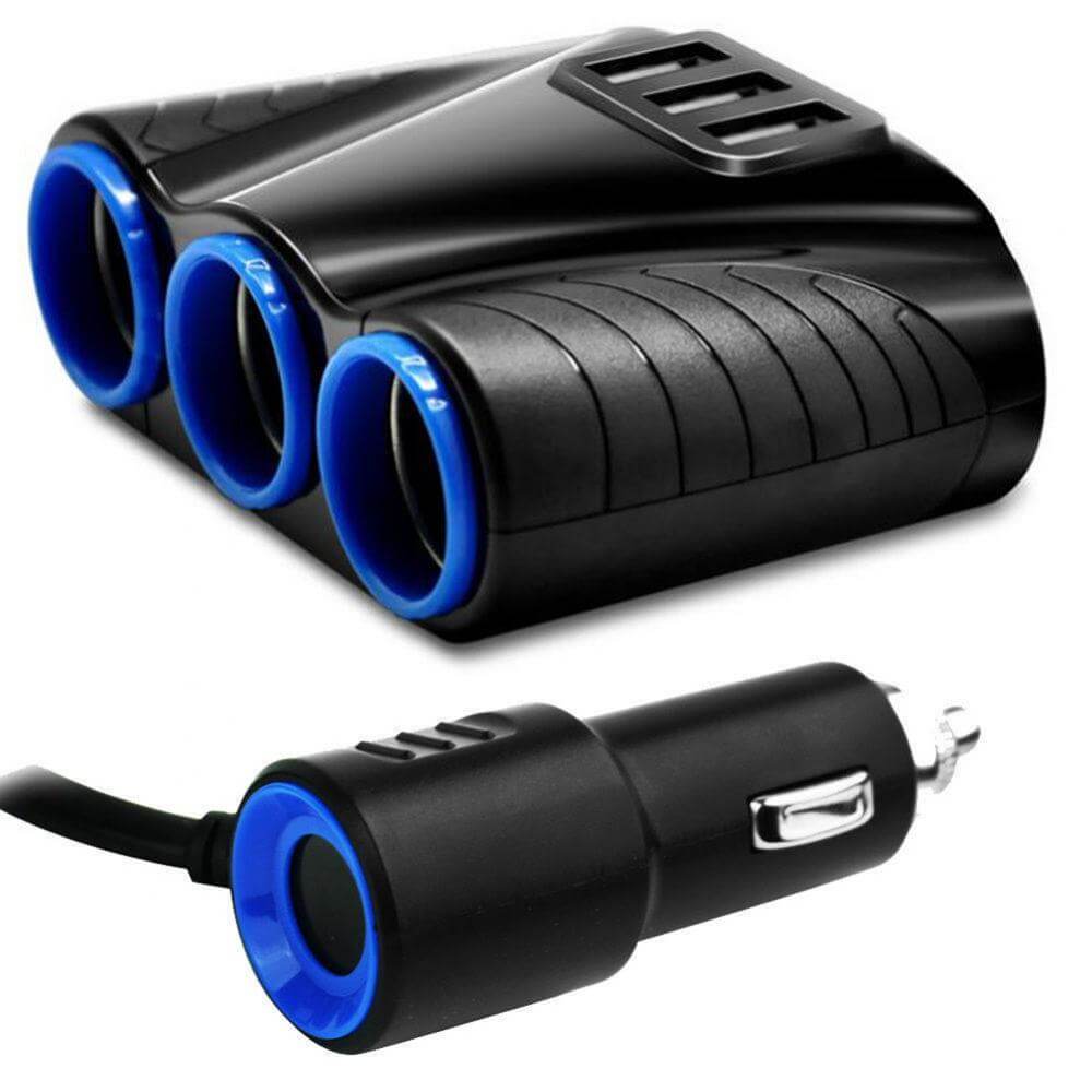 3-vejs Cigaretstik Splitter med 3x USB – 12V / 24V strømfordeler til biler, ideel til flere enheder.